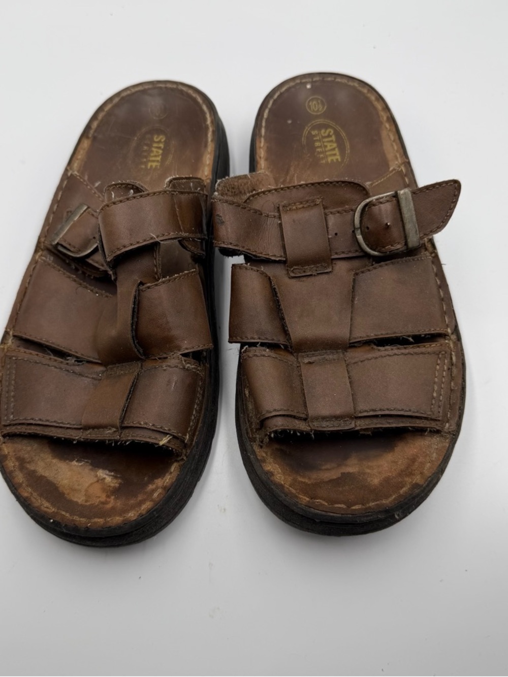 State Street Men’s Brown Leather Slide Sandals Size 10.5 Buckle Strap